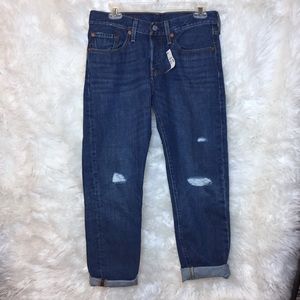 NWT Levi’s 501 Taper Dark Wash Distressed Jeans